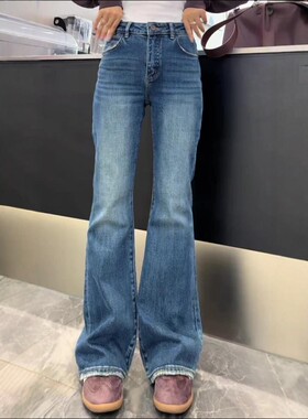 韩系蓝色微喇牛仔裤女2026春季新款复古百搭小众紧身显瘦裤子潮