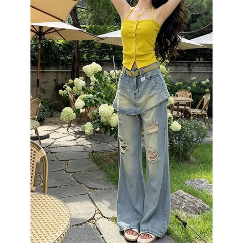 假两件破洞高腰显瘦牛仔微喇裤女