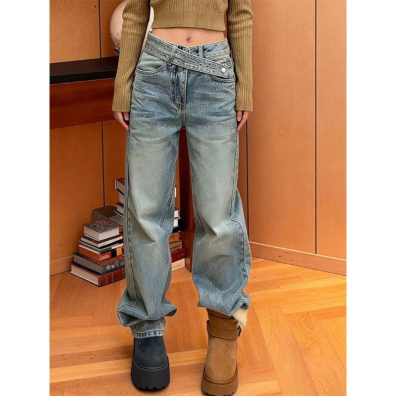 设计感加绒加厚阔腿牛仔裤女2025冬季新款宽松显瘦百搭休闲弯刀裤,女装/女士精品,大码裤装,淘宝优惠券,粉丝福利购,淘宝优惠卷