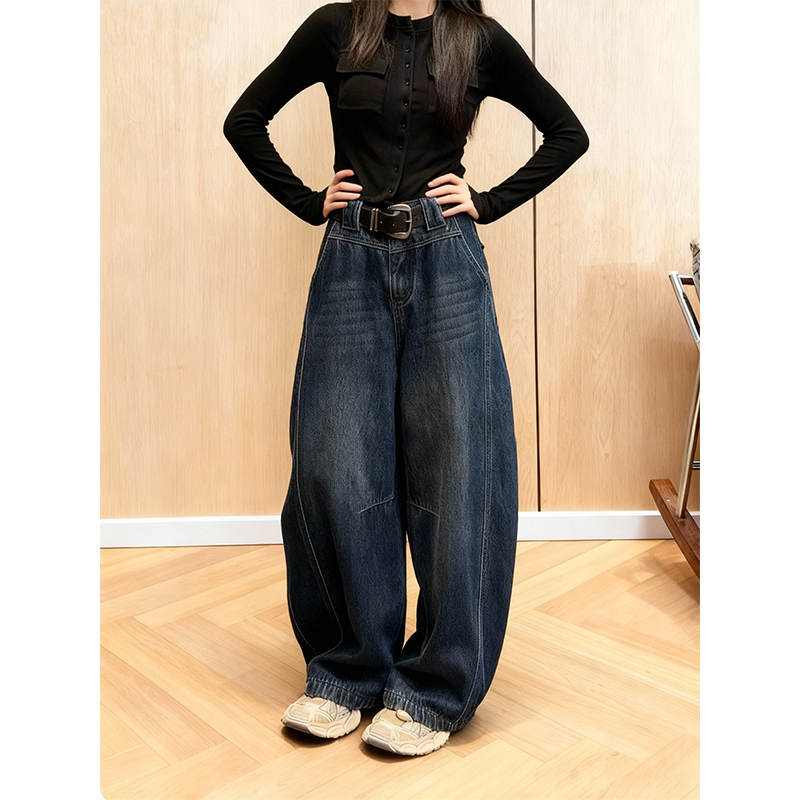 加绒加厚美式复古压线设计牛仔裤