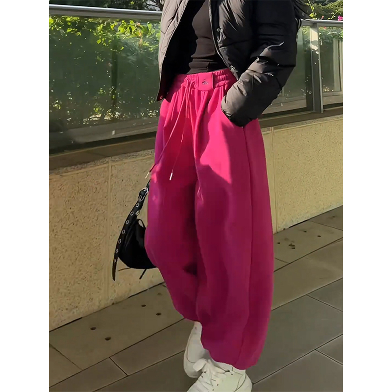 玫红色加绒加厚抽绳束脚休闲卫裤