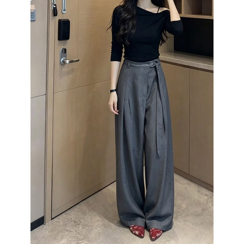 老钱风灰色系带高腰阔腿裤显瘦女
