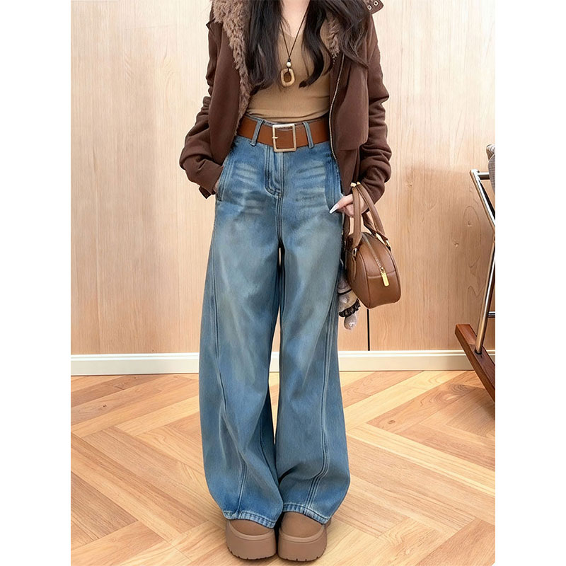 复古高腰宽松牛仔阔腿裤女