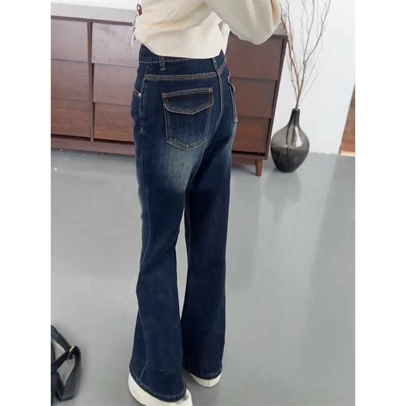 复古高腰翻盖口袋微喇牛仔裤女秋