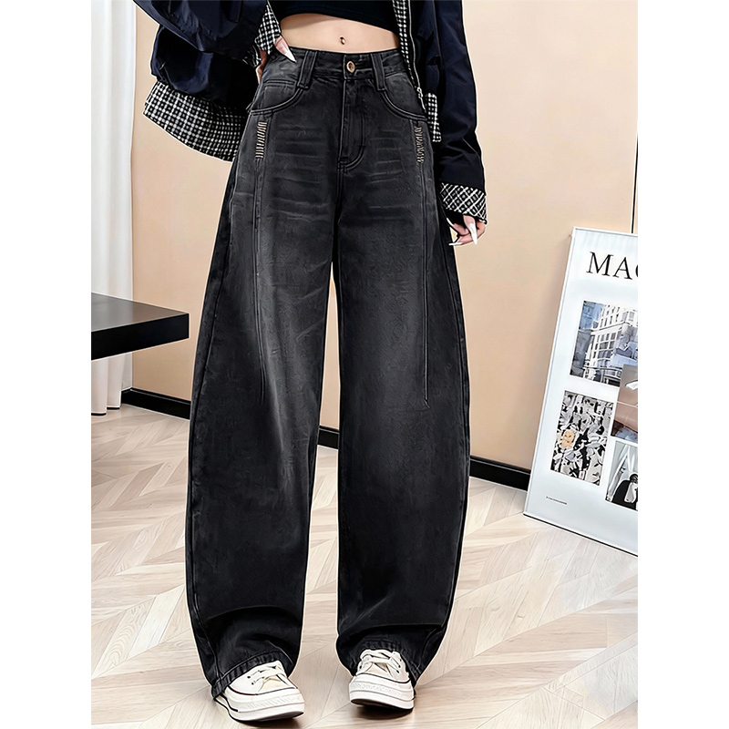 复古黑色阔腿牛仔裤子女2025冬季