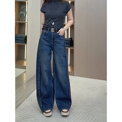 复古高腰垂感阔腿牛仔裤女2025