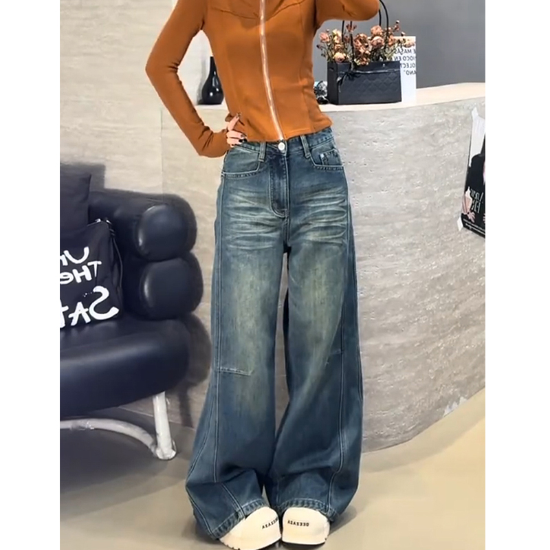 复古水洗折痕拼接加绒阔腿牛仔裤