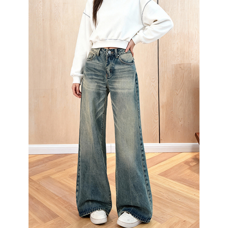 秋冬街头复古水洗微喇蓝色牛仔裤