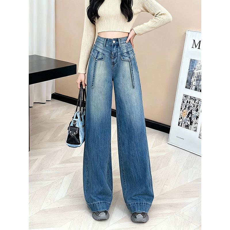 加绒加厚磨白设计复古宽松牛仔裤