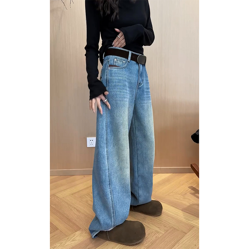 加绒加厚拼咖设计感阔腿牛仔裤女