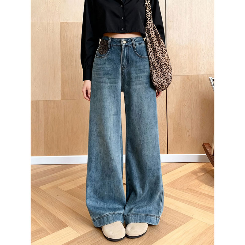 复古高腰阔腿牛仔裤蓝色显瘦