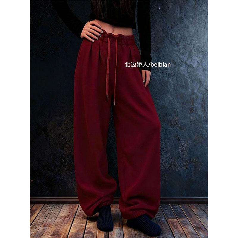 极简风红色抽绳阔腿休闲裤女2026早春松紧腰宽松百搭显瘦垂感卫裤,女装/女士精品,大码裤装,淘宝优惠券,粉丝福利购,淘宝优惠卷