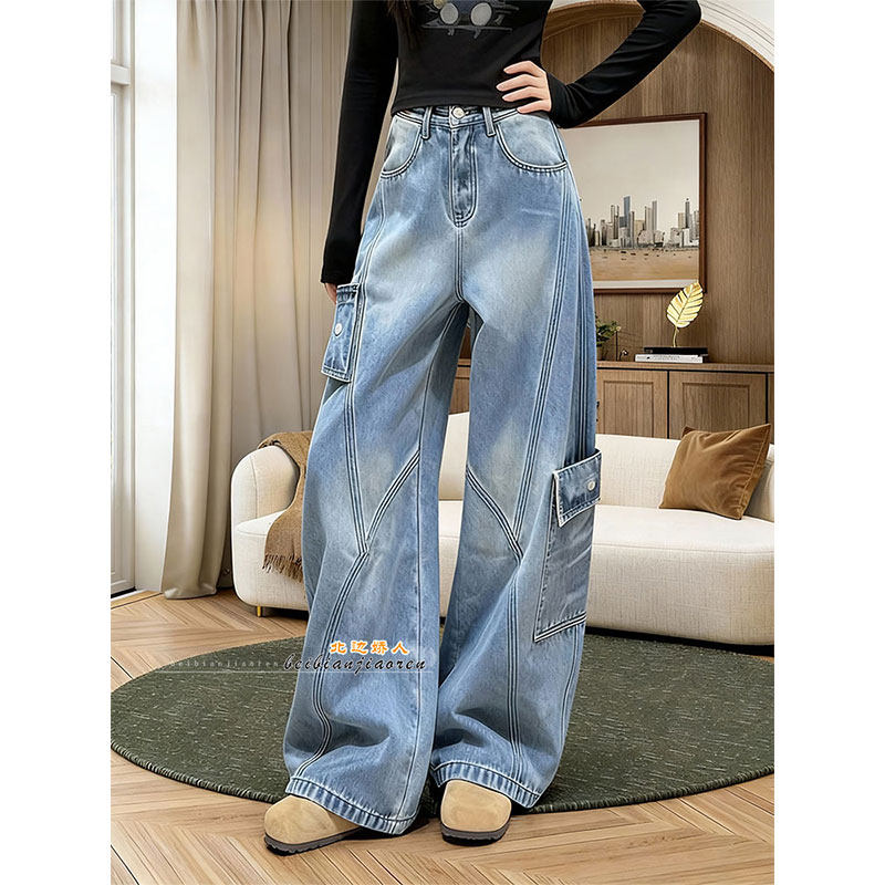今年流行爆款水洗高腰工装牛仔裤女2026早春宽松显瘦休闲阔腿长裤,女装/女士精品,大码裤装,淘宝优惠券,粉丝福利购,淘宝优惠卷