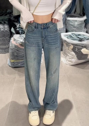 复古刺绣字母直筒阔腿牛仔裤