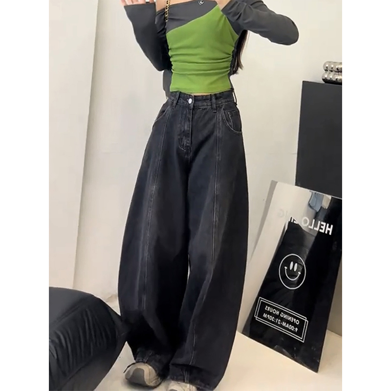 做旧黑色阔腿弯刀牛仔裤女2025
