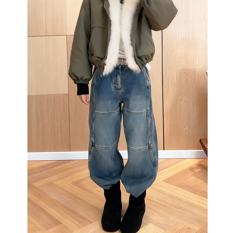 设计感时尚抓绒磨破阔腿牛仔裤女