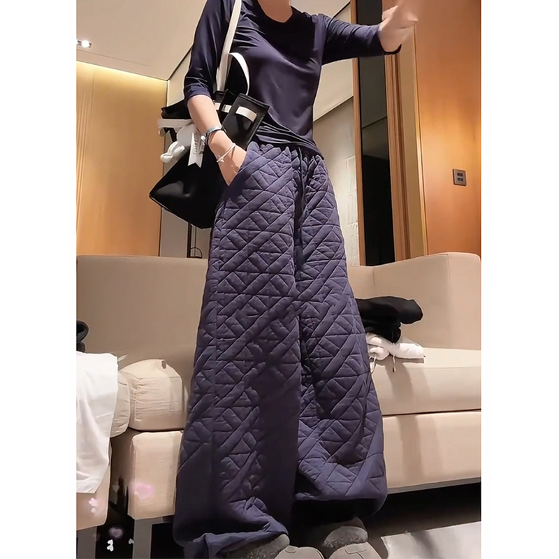 不规则菱格压线夹棉宽松阔腿裤女