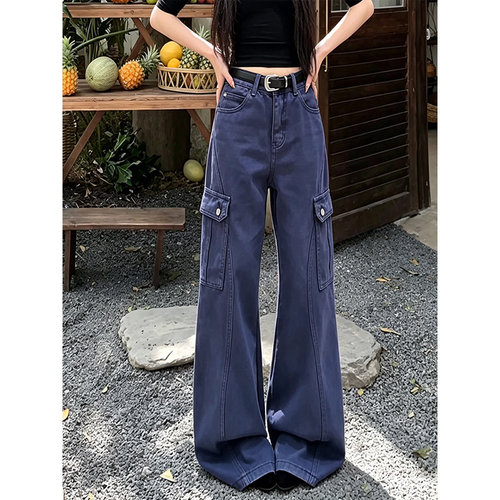 秋新工装多袋牛仔阔腿裤女胖mm