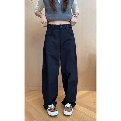 可调节腰头黑青色休闲裤女2026