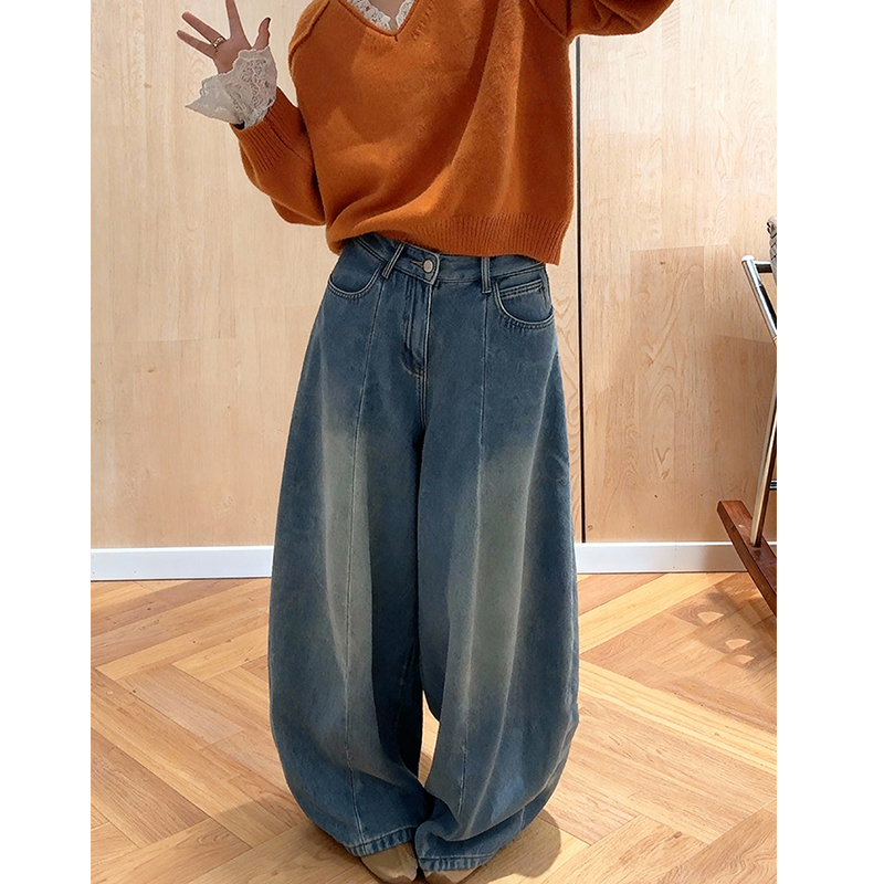 大码美式加厚阔腿牛仔裤女2025冬