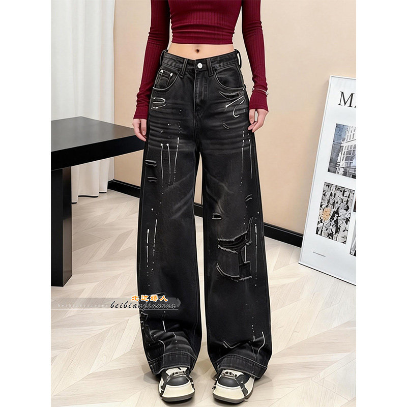 美式复古破洞牛仔裤女2026春季新款高腰宽松显瘦黑色阔腿裤弯刀裤,女装/女士精品,大码裤装,淘宝优惠券,粉丝福利购,淘宝优惠卷