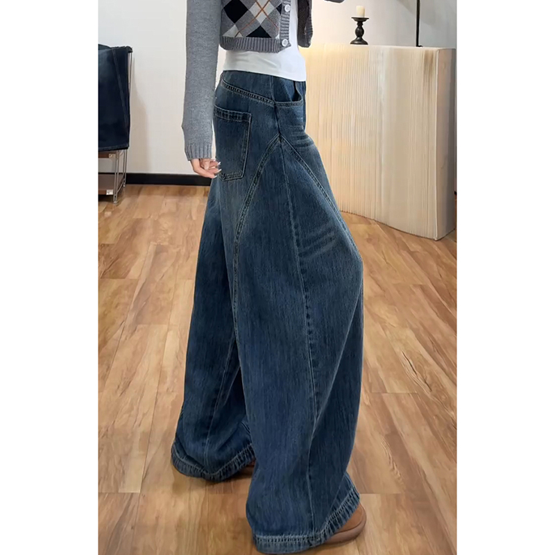 美式复古立体剪裁弯刀阔腿牛仔裤