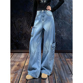 女2025冬季 新款 大码 复古水洗做旧阔腿牛仔裤 胖mm宽松遮肉显瘦长裤