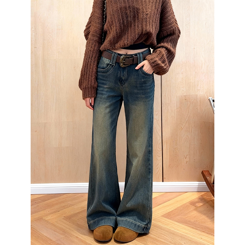 复古水洗做旧加绒加厚阔腿牛仔裤