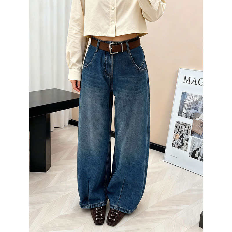 高腰弯刀牛仔裤女宽松显瘦阔腿裤