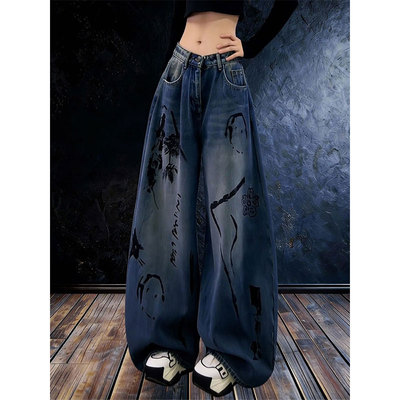 美式时尚潮流印花加绒阔腿牛仔裤
