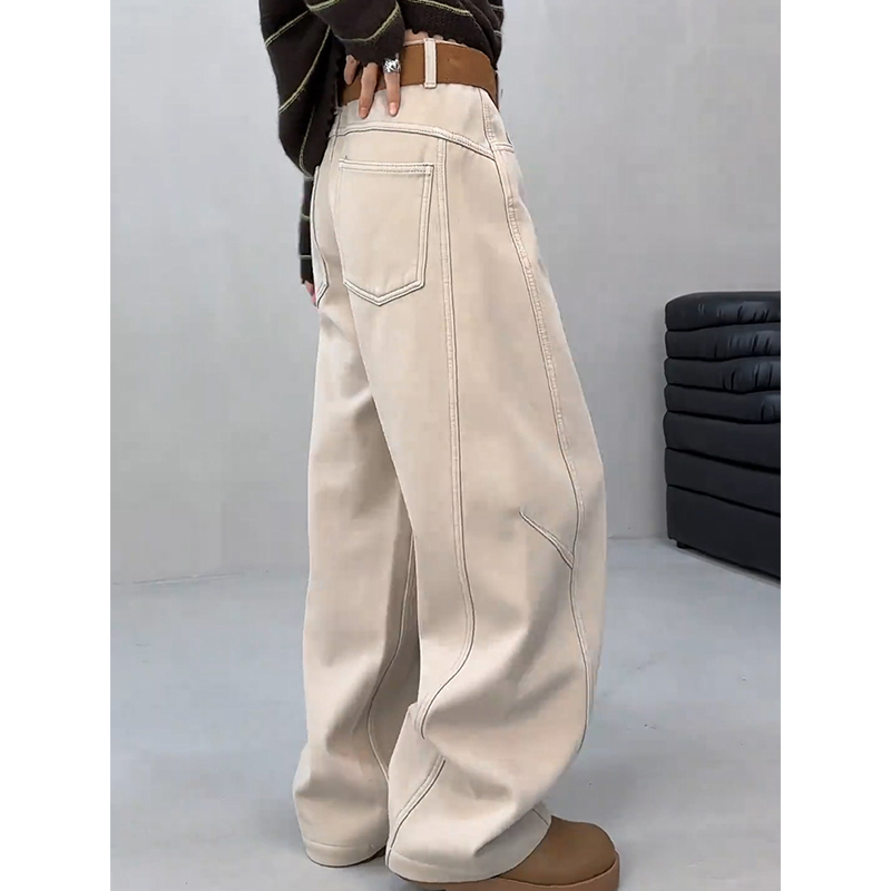 复古时尚加绒加厚弯刀阔腿牛仔裤