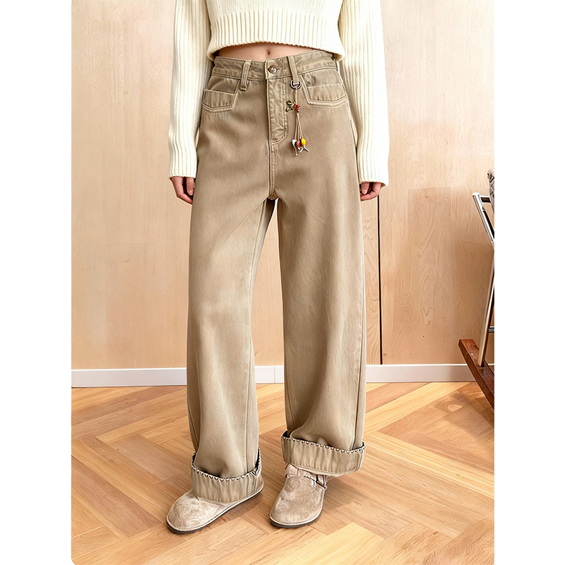 加绒加厚奶茶色复古卷边牛仔裤女