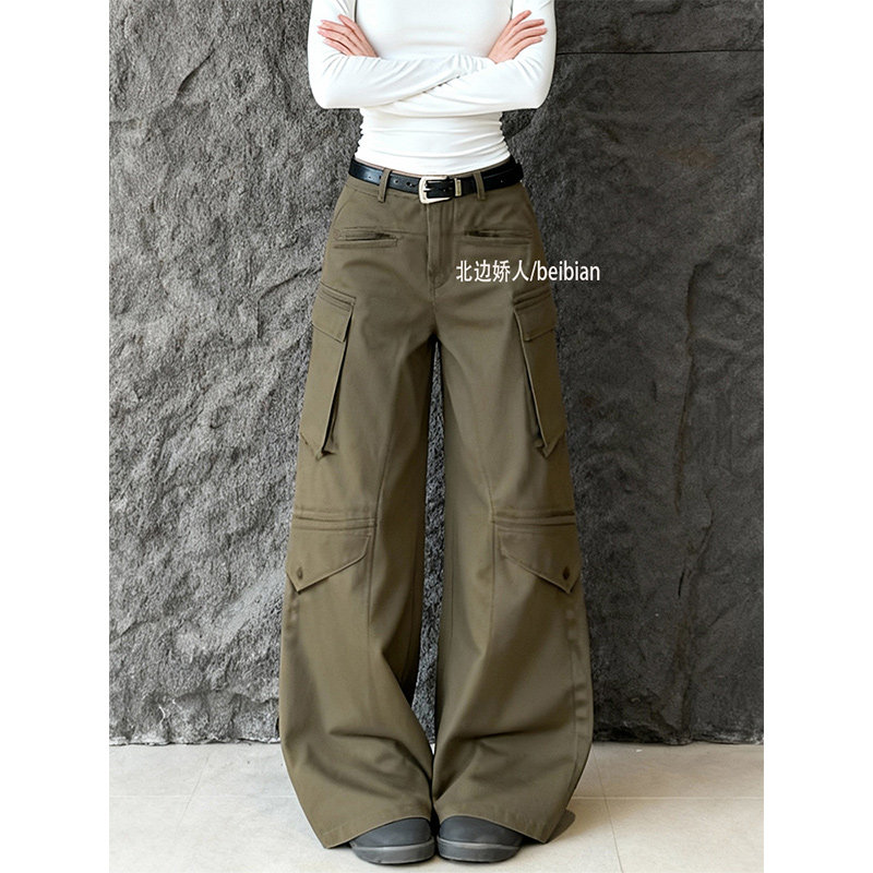 美式工装风军绿色多口袋阔腿裤女2026春季新款宽松显瘦垂感直筒裤,女装/女士精品,大码裤装,淘宝优惠券,粉丝福利购,淘宝优惠卷
