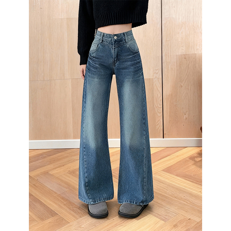 加绒加厚复古宽松喇叭牛仔裤女
