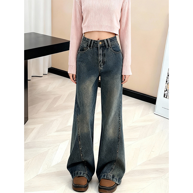 秋冬美式复古高腰微喇牛仔裤显瘦