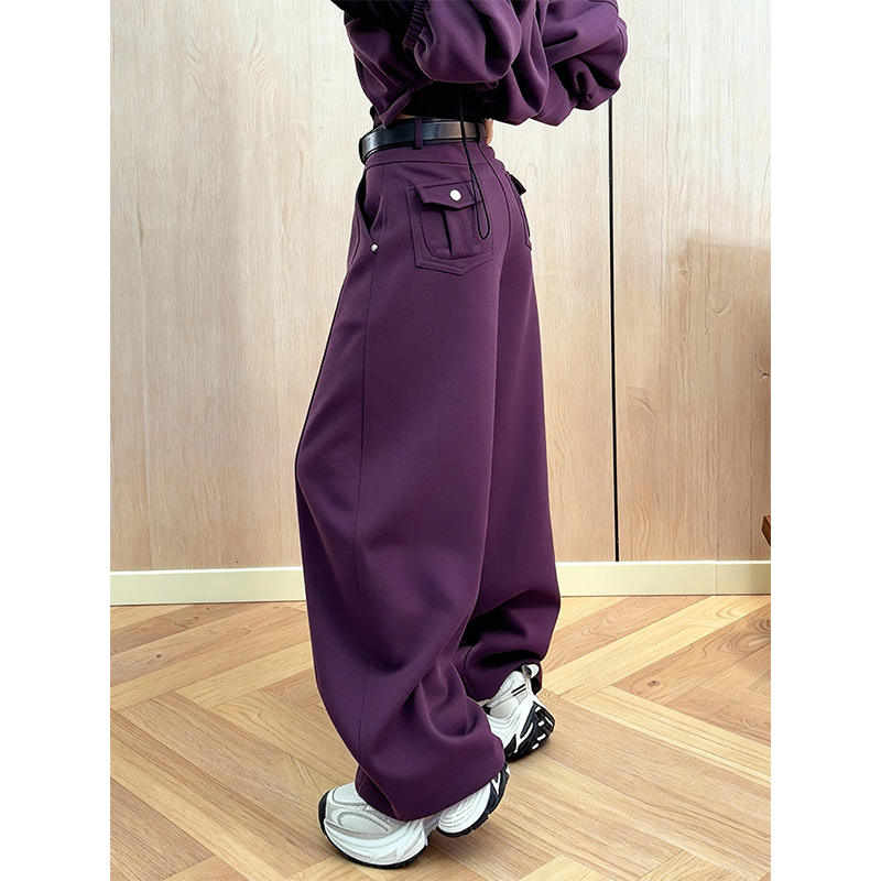 大码美式高街加绒加厚弯刀阔腿裤