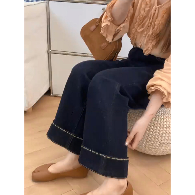 小个子显高百搭翻边直筒牛仔裤女