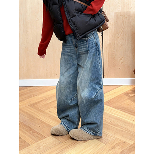 梨形身材宽松显瘦百搭弯刀裤 加绒加厚复古高腰阔腿牛仔裤 2025冬季