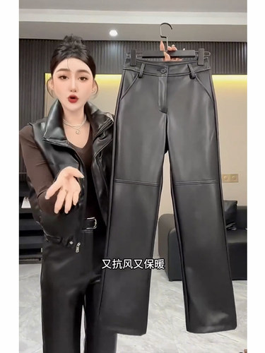 洋气黑色皮裤女烟管裤子