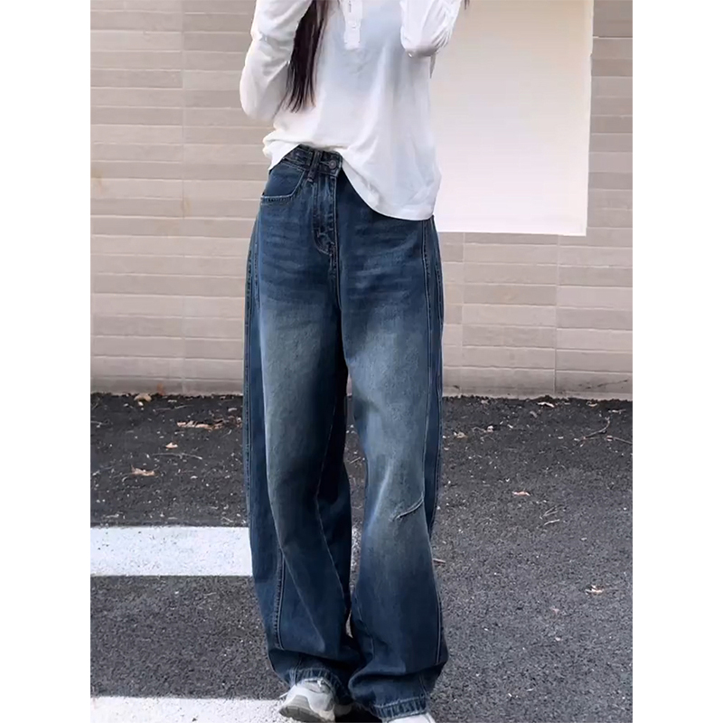 美式复古风水洗阔腿牛仔裤女2025