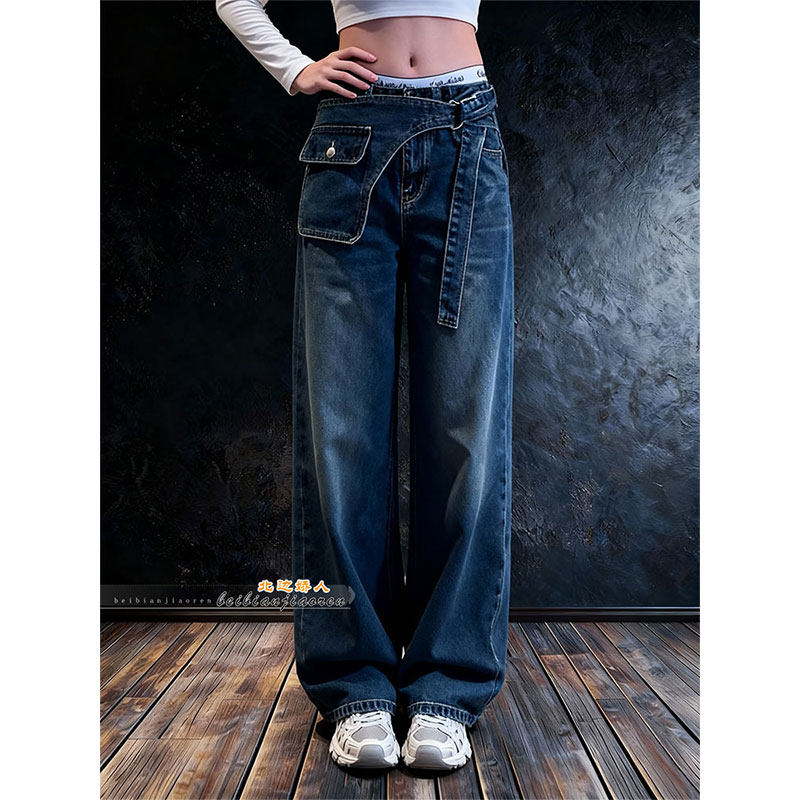 不规则假两件系带阔腿牛仔裤女2026早春设计感洋气百搭宽松显瘦裤,女装/女士精品,大码裤装,淘宝优惠券,粉丝福利购,淘宝优惠卷