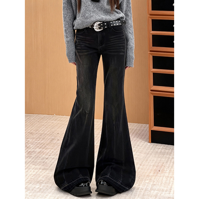 加绒美式风复古毛边微喇牛仔裤女