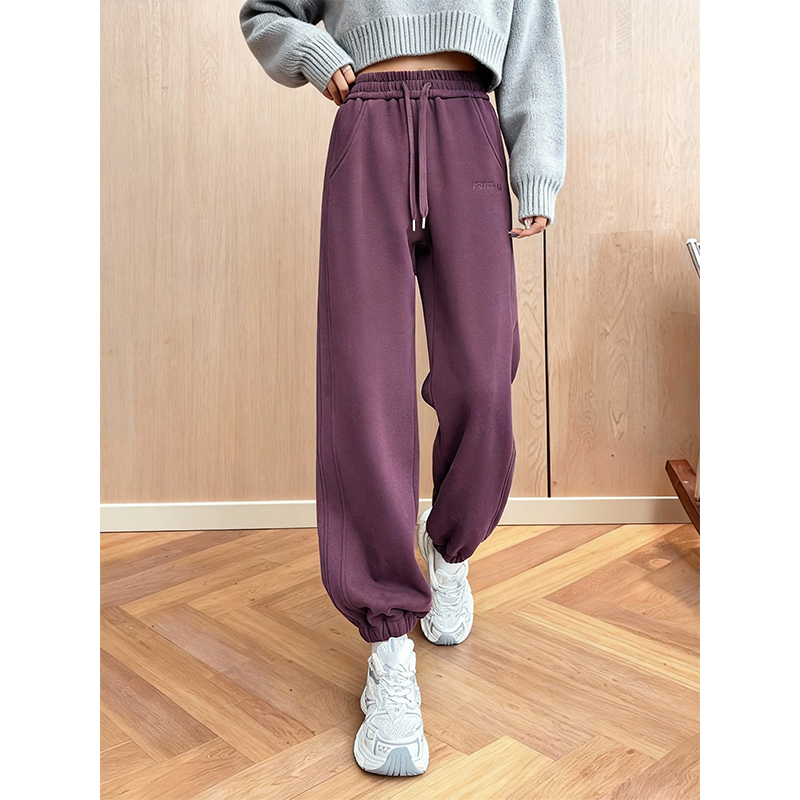 加绒加厚乌梅紫束脚卫裤女2025冬