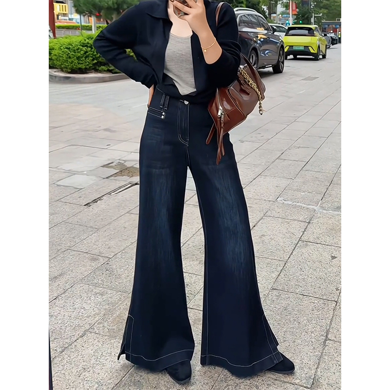 复古开叉微喇牛仔裤小众设计韩版