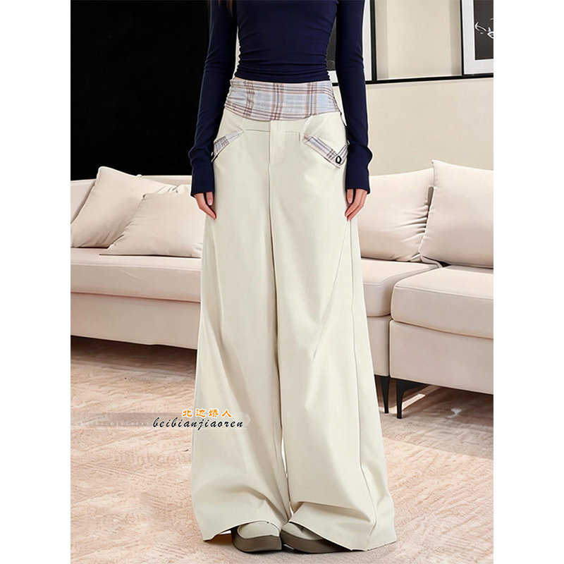 美式复古格纹拼接阔腿裤女2026春季新款高腰慵懒松弛感显瘦休闲裤,女装/女士精品,大码裤装,淘宝优惠券,粉丝福利购,淘宝优惠卷