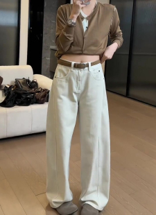 小众高腰直筒百搭阔腿遮胯显瘦香蕉裤 新款 女2025秋季 米杏色牛仔裤
