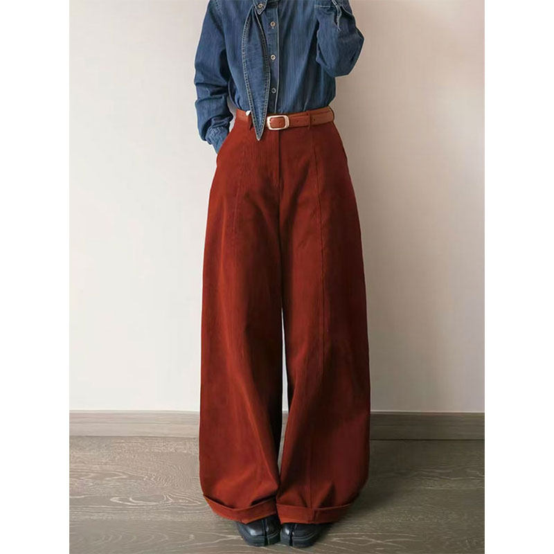 复古港风高腰灯芯绒弯刀阔腿裤女2026早春宽松显瘦垂感休闲拖地裤,女装/女士精品,大码裤装,淘宝优惠券,粉丝福利购,淘宝优惠卷