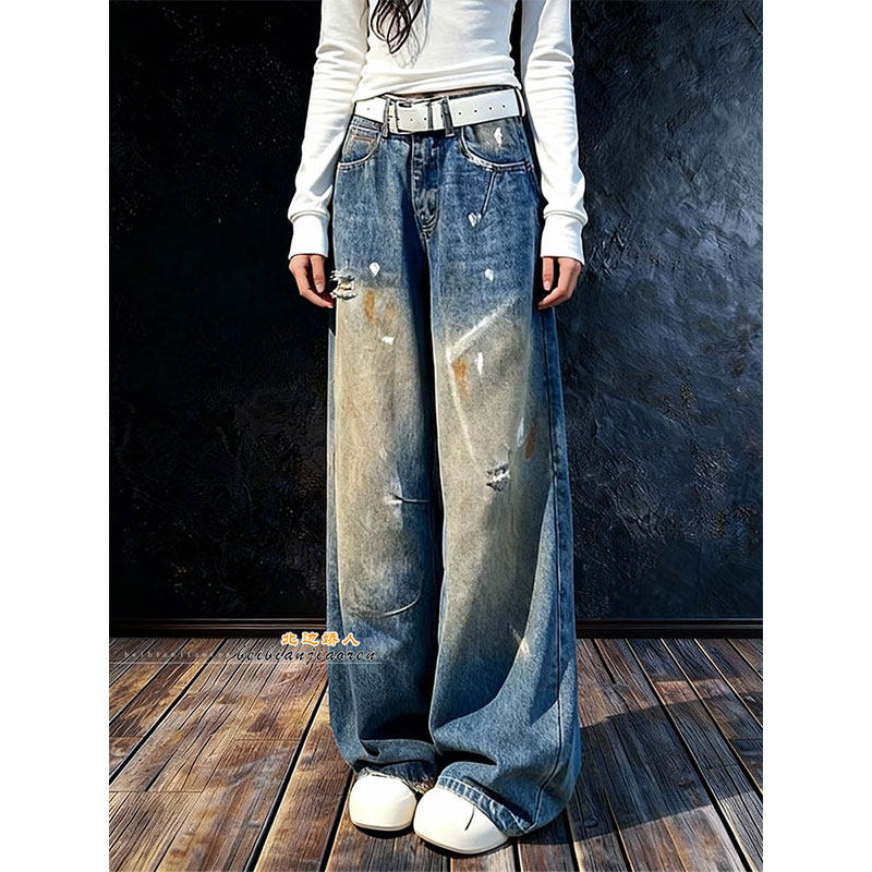 复古水洗做旧涂鸦阔腿牛仔裤女2026早春设计感时尚百搭显瘦直筒裤,女装/女士精品,大码裤装,淘宝优惠券,粉丝福利购,淘宝优惠卷