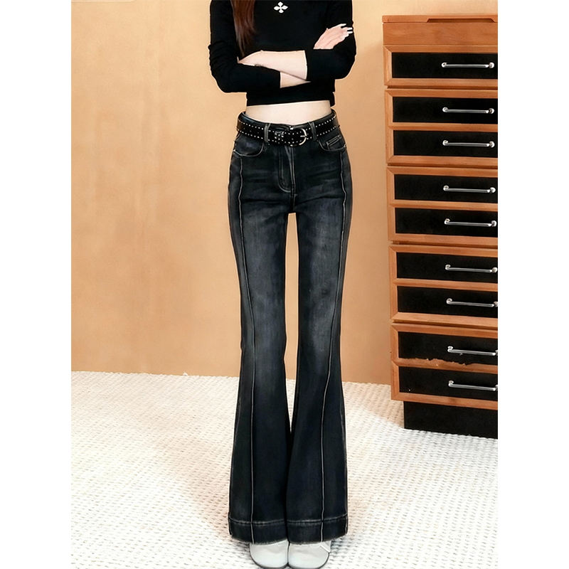 加绒加厚黑灰色复古微喇牛仔裤