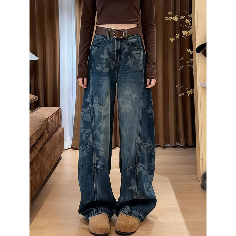 2026年春季新款复古印花阔腿牛仔裤女高腰显瘦宽松直筒长裤子休闲,女装/女士精品,牛仔裤,淘宝优惠券,粉丝福利购,淘宝优惠卷